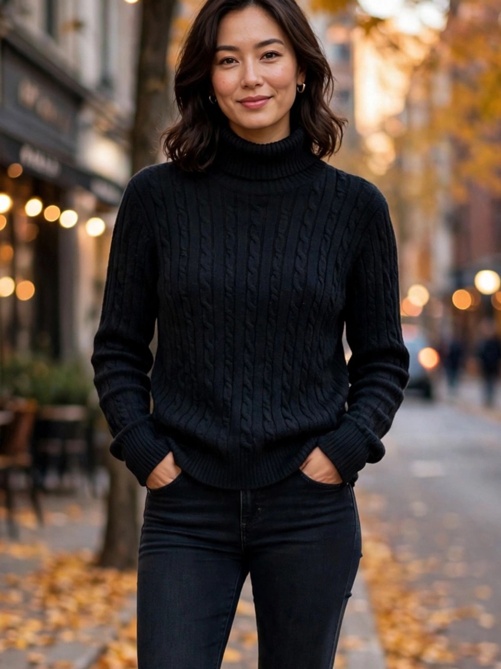 Tommy Hilfiger Turtleneck Alpaca Blend L Black Cable Knit Wool Blend Sweater